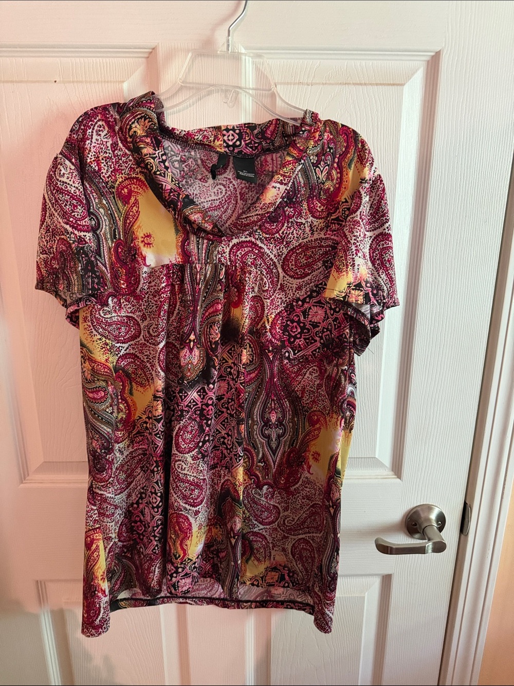 new directions Pink and Yellow Paisley Cowl-Neck Short Sleeve Top